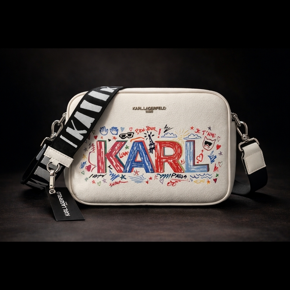 Karl Lagerfeld Paris Graffiti “KARL Crossbody Bag NWT White Pebbled Leather - Picture 3 of 4